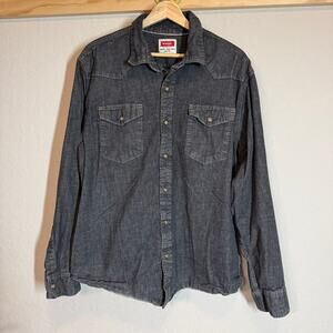 Men's Wrangler Black Denim Blue‎ Jean Pearl Snap Long Sleeve Western Shirt Sz XL